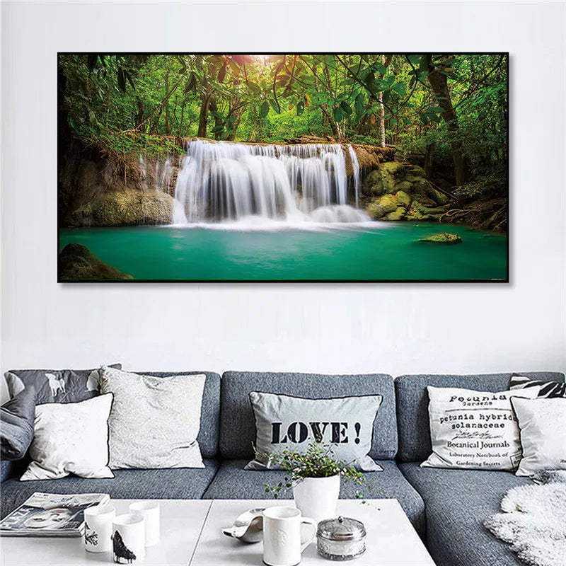 Prints Canvas Posters Home Decor Landscape Natural Waterfall Paintings Wall Art Scenery Picture Waterfall Modular Living Room.