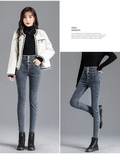 Thermische Winter Dicke Fleece High-taille Warme Dünne Jeans Dicke Frauen Stretch Taste Bleistift Hosen Mom Casual Samt Jeans.