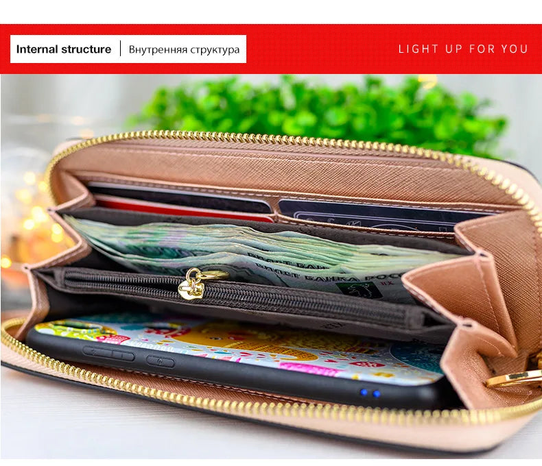 FOXER Women Split Leather Wallet Bifold Clutch Bag with Wristlet Fashion Card Holder Coin Purse Cellphone Bag Female Money Bag