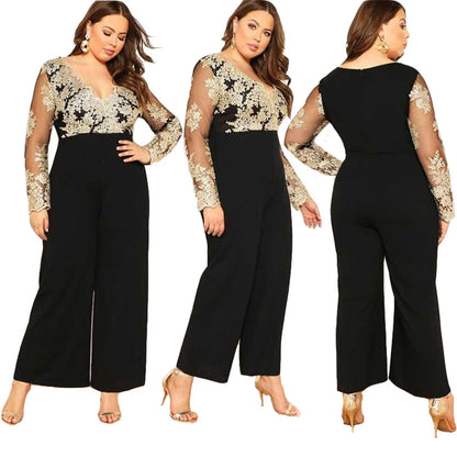 Wide Leg Casual Overalls Sexy Women V-Neck Elegant Lace Straight Party Jumpsuit Romper.