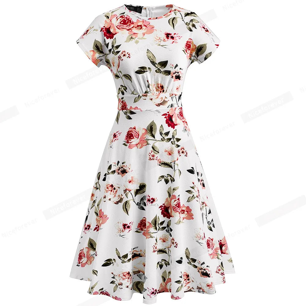 Nice-forever Vintage Elegante Blumen Druck Plissee Rundhals vestidos A-Line Pinup Business Party Frauen Flare Swing Kleid A102