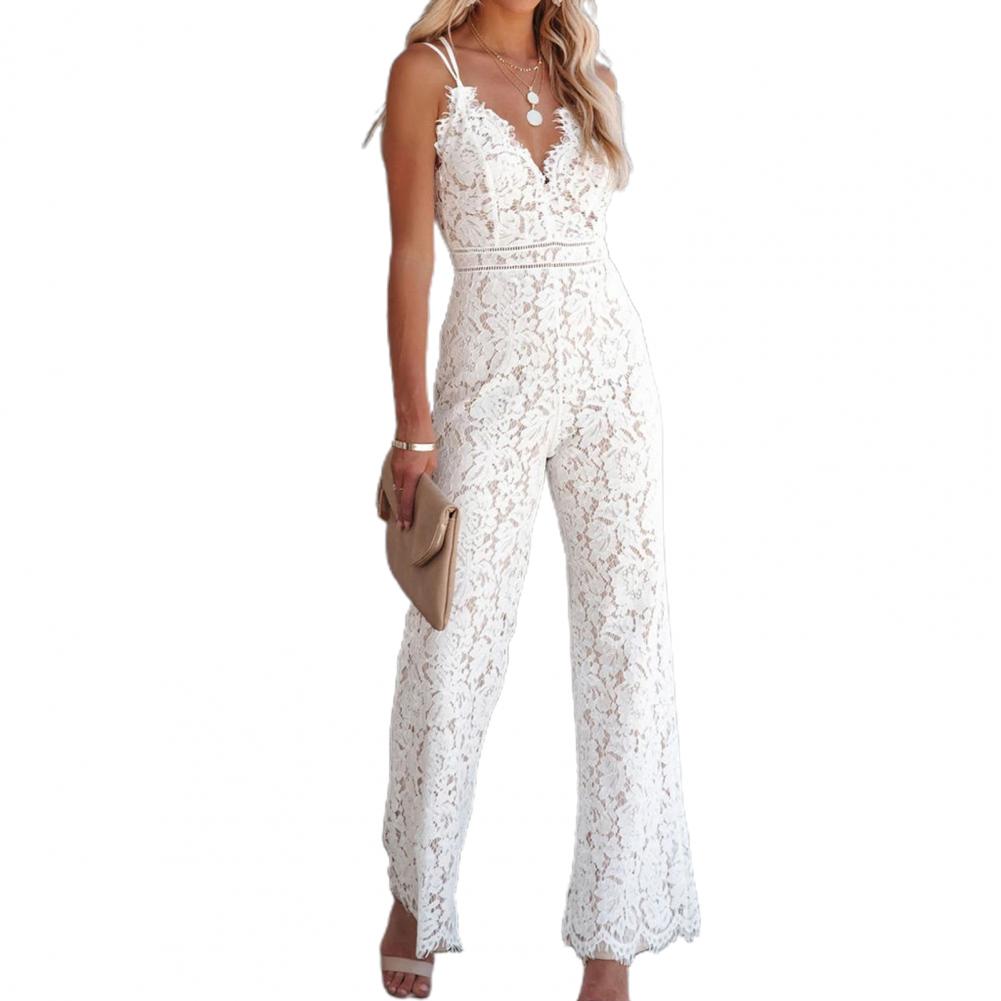 Solid Lace Jumpsuits Women Sleeveless Romper High Waist V-Neck Wide Leg Playsuits and Jumpsuit Women bodysuit Combinaison femme.
