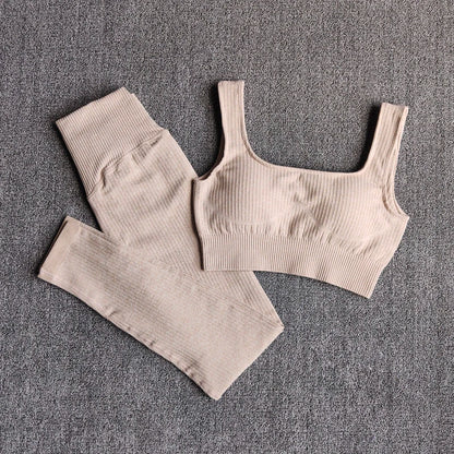 Women Seamless Fitness Yoga Suit Knitt Workout Long Sleeve Crop Top Sports Bra High Waist Running Leggings Gym Clothing 2/3Pcs