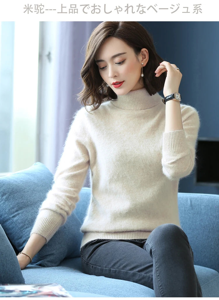 Herbst Winter 100% Nerz Kaschmir Pullover Frauen Strickwaren Pullover Dicke Warme Einfarbig Plus Größe Basis Hohe Revers Kleidung Tops.