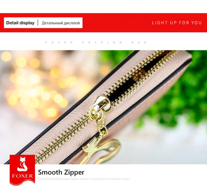 FOXER Women Split Leather Wallet Bifold Clutch Bag with Wristlet Fashion Card Holder Coin Purse Cellphone Bag Female Money Bag