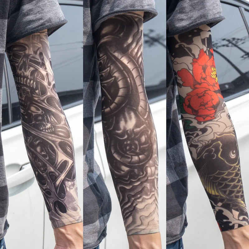 3PCS/lot new mixed 100%Nylon elastic Fake temporary tattoo sleeve skull wolf totem dragon designs body Arm stockings cool men