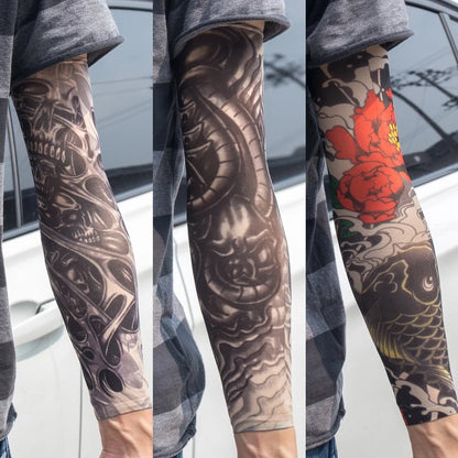 3PCS/lot new mixed 100%Nylon elastic Fake temporary tattoo sleeve skull wolf totem dragon designs body Arm stockings cool men