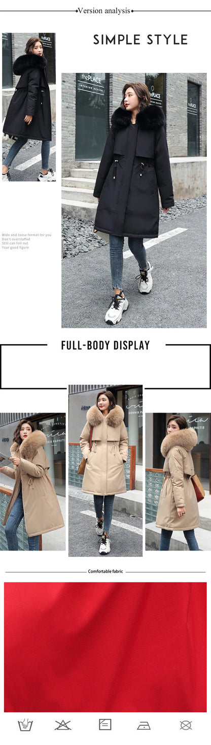 Neue Winterjacke für Damen, warme Parkas mit Pelzkragen, langer lässiger Parka, schmal, verdickt, Maxi-Größe, Damenmantel, Schnee-Kapuzenmäntel.