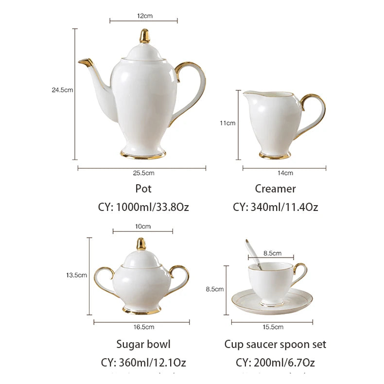 Grace Bone China Coffee Set White Gold Porcelain Tea Set Advanced Pot Cup Ceramic Mug Sugar Bowl Creamer Teapot Milk Jug Teaset.