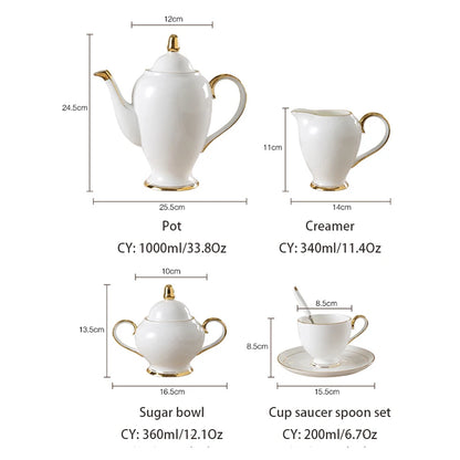 Grace Bone China Coffee Set White Gold Porcelain Tea Set Advanced Pot Cup Ceramic Mug Sugar Bowl Creamer Teapot Milk Jug Teaset.