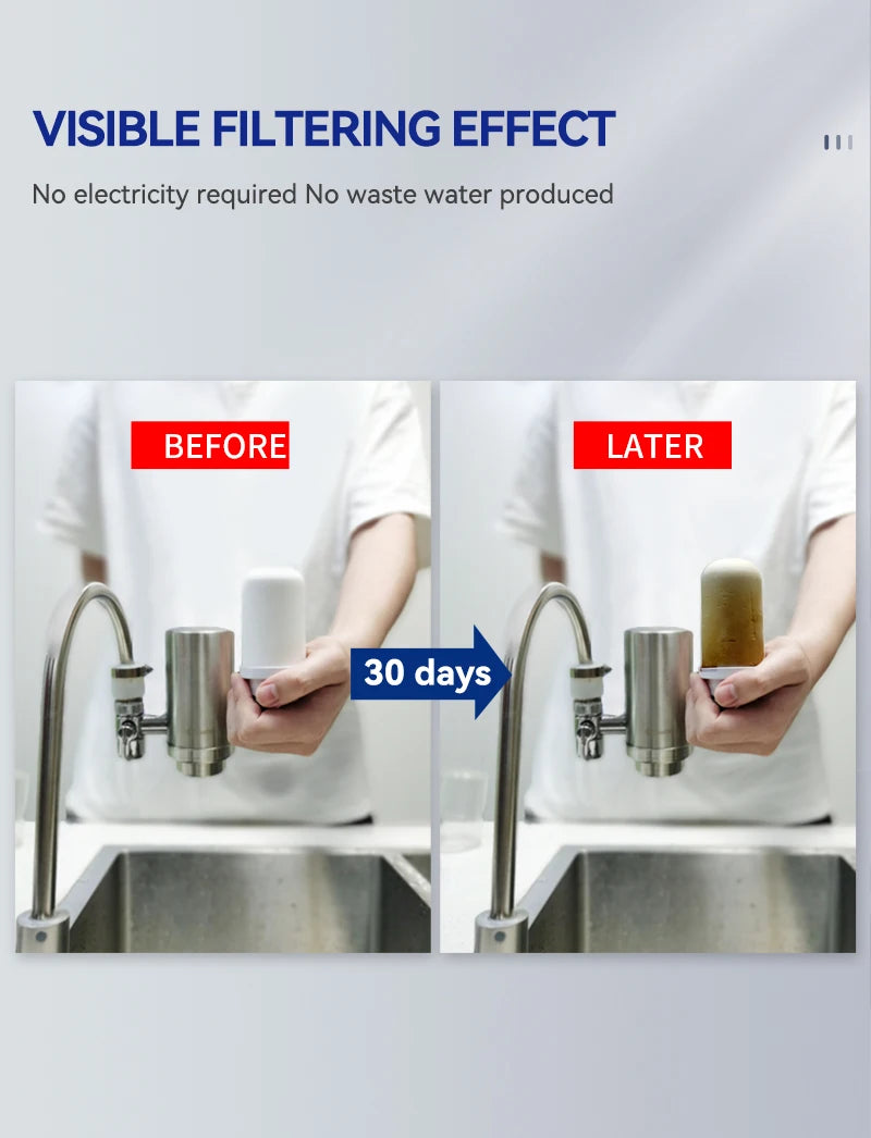 Wheelton Stainless Steel Kitchen Tap Filter Household Ceramic Water Purifier Faucet Water Filter  Activated Carbon Filtration.