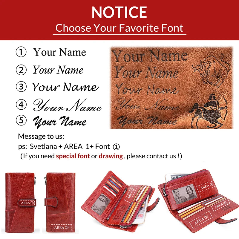 Contact's 100% Genuine Leather Wallet Women Long Coin Purse Hasp Design Clutch Bags Name Engraving Card Holder Wallets Cartera.