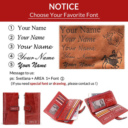 Contact's 100% Genuine Leather Wallet Women Long Coin Purse Hasp Design Clutch Bags Name Engraving Card Holder Wallets Cartera.