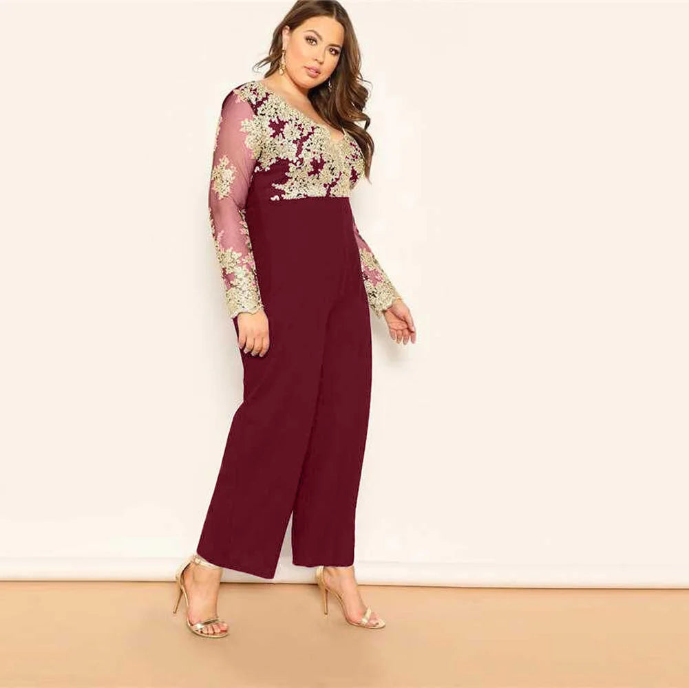 Wide Leg Casual Overalls Sexy Women V-Neck Elegant Lace Straight Party Jumpsuit Romper.