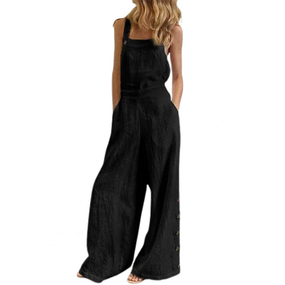 Women Jumpsuit Summer Sleeveless Solid Color Wide Leg Pockets Loose Strappy Playsuit Overall Wide Leg Pockets mono mujer verano.