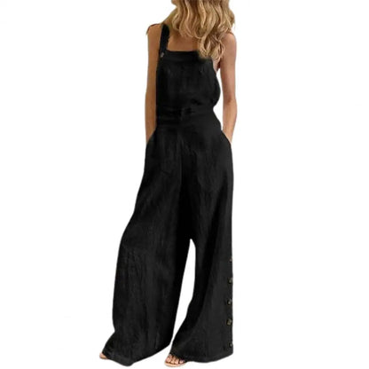 Women Jumpsuit Summer Sleeveless Solid Color Wide Leg Pockets Loose Strappy Playsuit Overall Wide Leg Pockets mono mujer verano