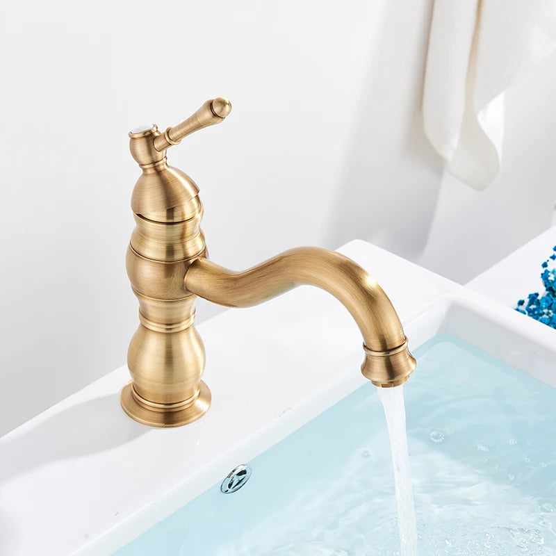 Antique Brass Basin Vessel Sink Faucet Deck Mounted One Hole Cold Hot Water Cold Hot Mixer Tap Bathroom Faucet