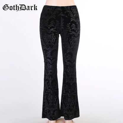 Goth Dark Vintage Floral Scratched Mall Gothic Pants Velvet High Waist Skinny Flare Trousers for Women Streetwear Cyber Y2K Pant.