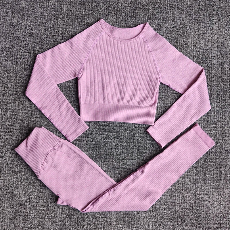 Women Seamless Fitness Yoga Suit Knitt Workout Long Sleeve Crop Top Sports Bra High Waist Running Leggings Gym Clothing 2/3Pcs
