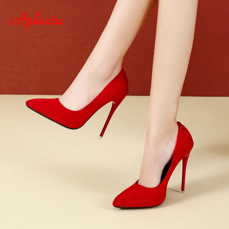 Aphixta 12cm Super High Stiletto Heels Pumps Women Office Flock Pointed Toe Thin Heel Party Shoes Woman Plus Large Size 44 45