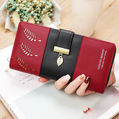 Hollow Leaves PU Leather Women's Long Wallet Fashion Female Coin Purses Hasp Zipper Clutch ID Credit Card Holders Money Bag Clip