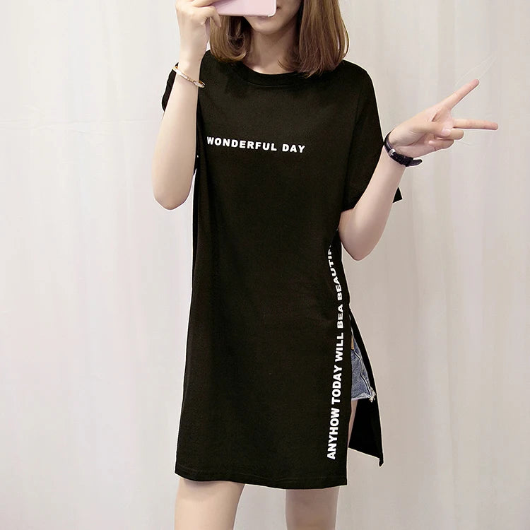 WONDERFUL DAY Print Long T shirts Summer Women Loose Slit Femme Tops  Tshirt Short sleeve Ladies t-shirt