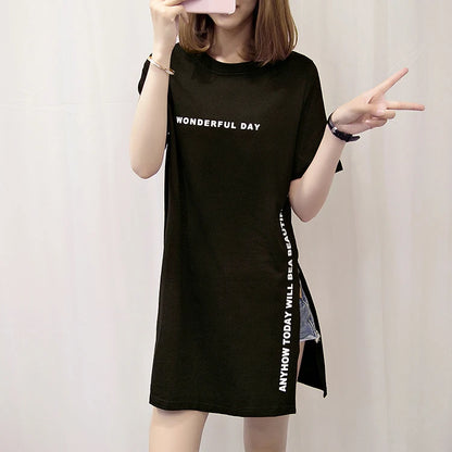 WONDERFUL DAY Print Long T shirts Summer Women Loose Slit Femme Tops  Tshirt Short sleeve Ladies t-shirt