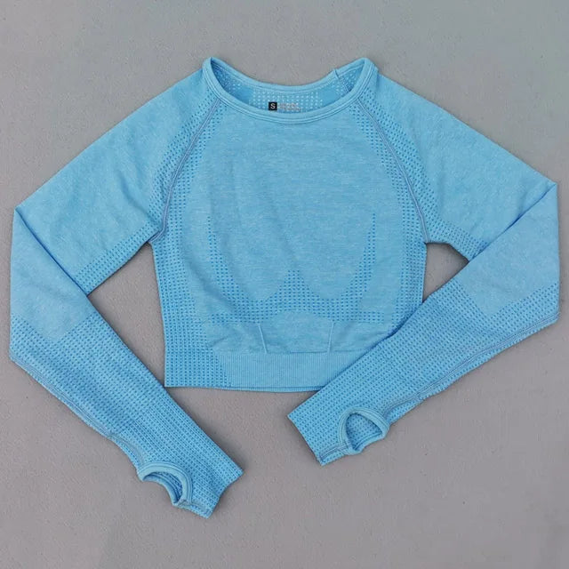 Seamless Yoga Crop Top For Women Long Sleeve Gym Workout Tops with Thumb Holes Sports Running Shirt Women Sportswear.