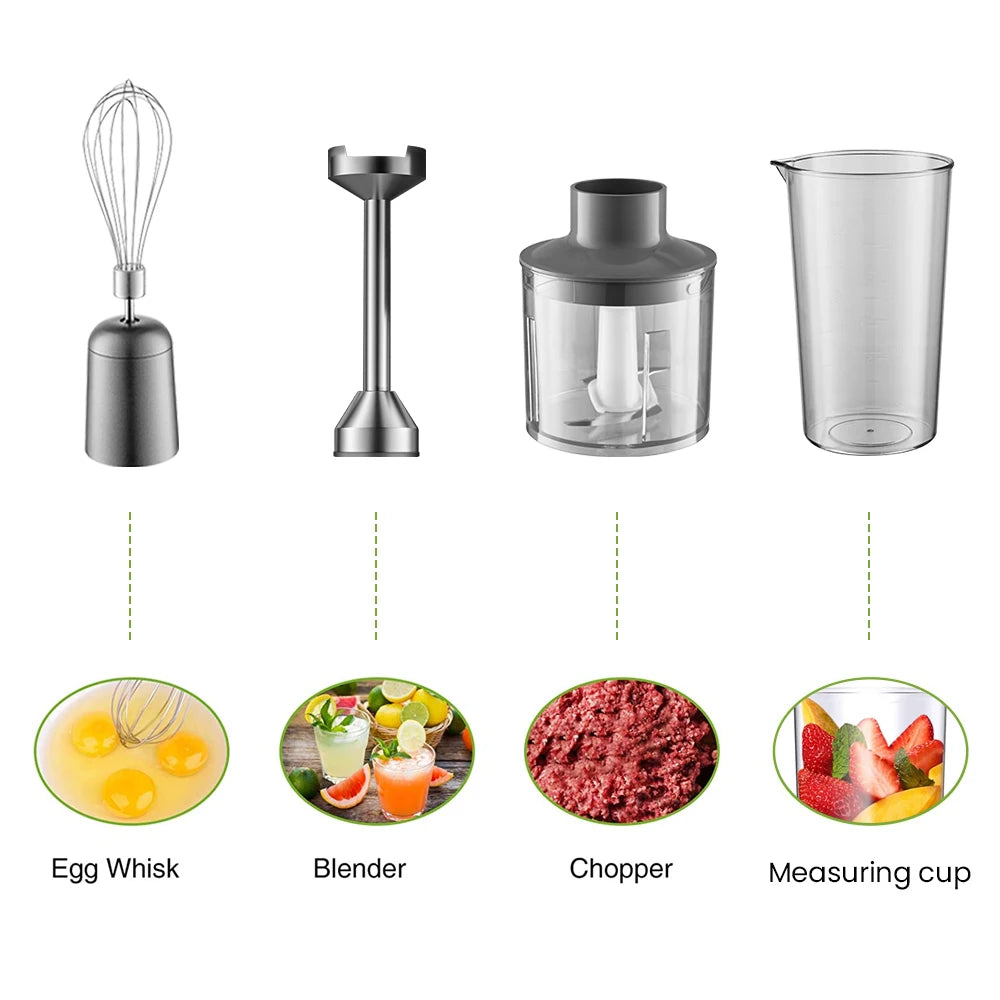 Hand Immersion Blender Powerful 4-in-1,Stainless Steel Stick Food Mixer,700ml Mixing Beaker,500ml Processor,Whisk.