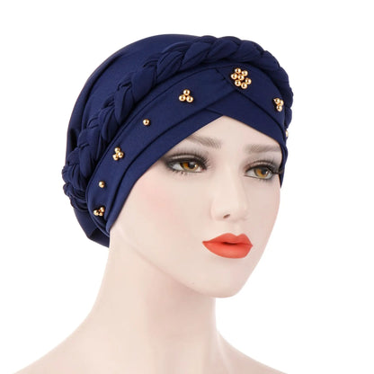 KepaHoo Women Hair Care Islamic Jersey Head Scarf Milk Silk Muslim Hijab Beads Braid Wrap Stretch Turban Hat Chemo Cap Head Wrap.
