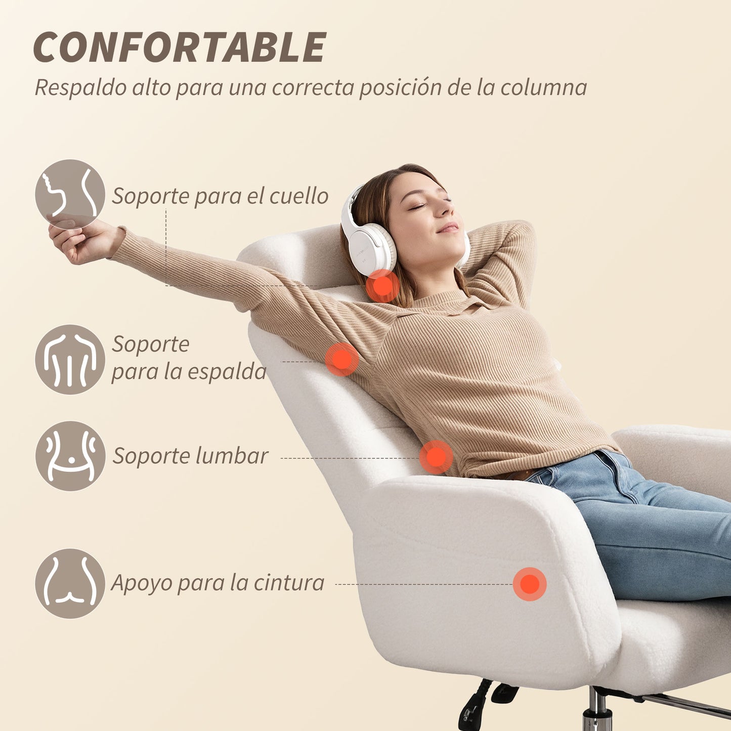 Schreibtischstuhl mit Fußstütze, gepolstert in Lammfell, mit verstellbarer Rückenlehne, verstellbare Kopfstütze, Creme