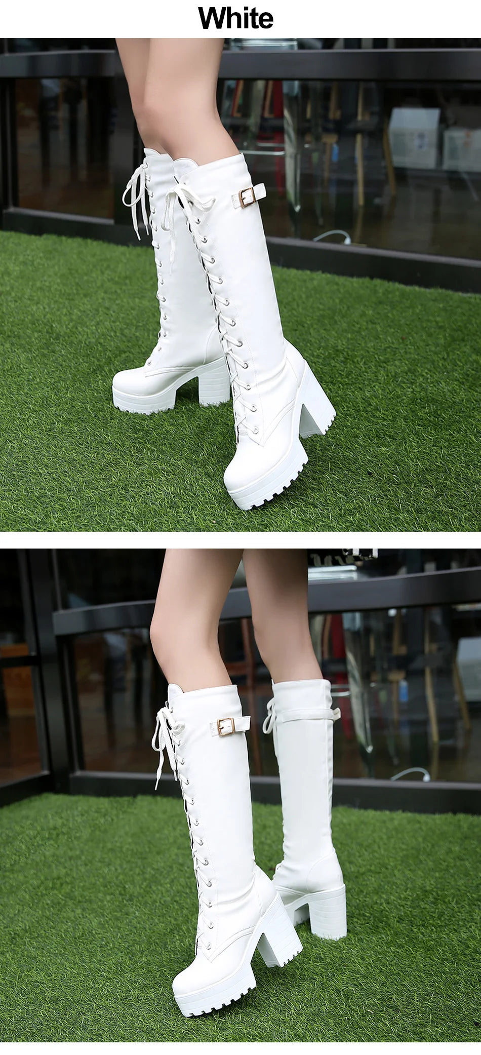 Gdgydh Hot Sale Spring Autumn Lacing Knee High Boots Women Fashion White Square Heel Woman Leather Shoes Winter PU Large Size 43.