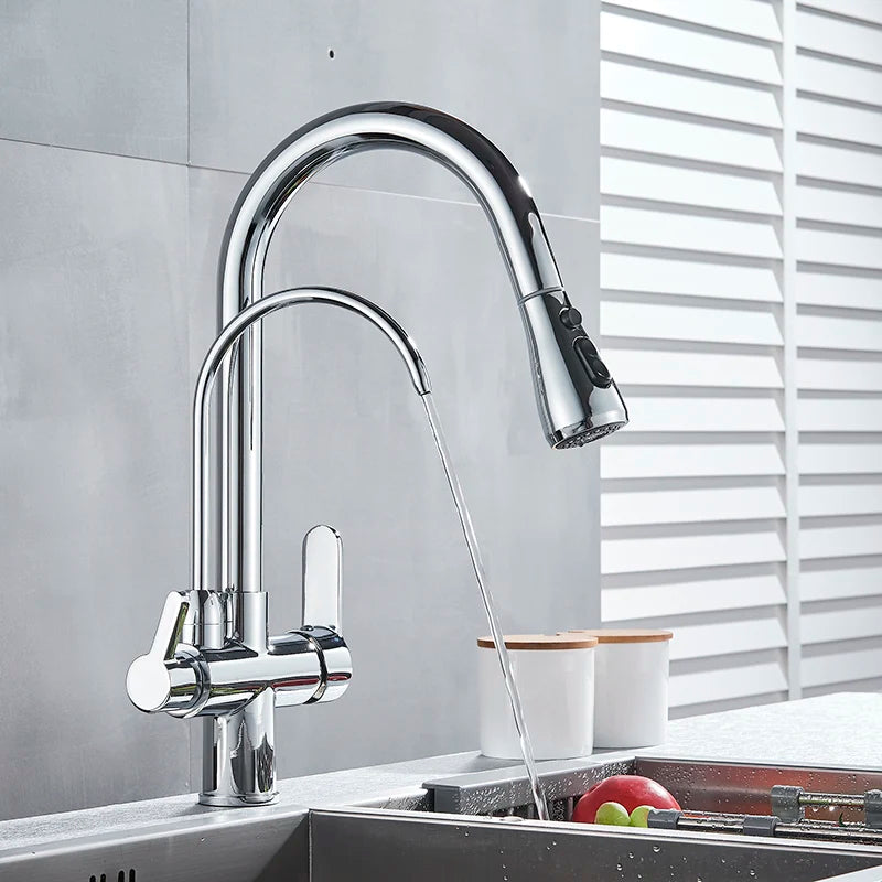 Matte Black Pure Water Filter Kitchen Faucet Dual Handle Hot and Cold Drinking Water Pull Out  Kitchen Mixer Taps