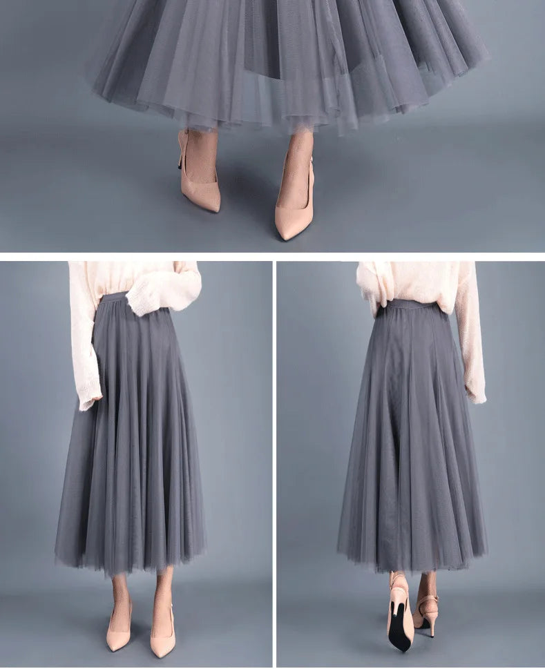 OHRYIYIE Beige Maxi Long Skirt Spring Autumn Womens 2025 New Summer Tulle Skirt Party Mesh A-line Skirts Female Jupe Longue.