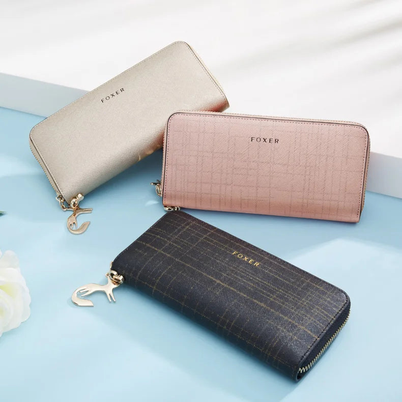 FOXER Women Split Leather Wallet Bifold Clutch Bag with Wristlet Fashion Card Holder Coin Purse Cellphone Bag Female Money Bag.