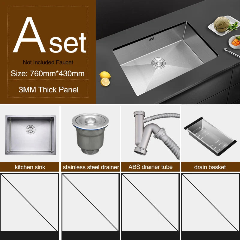 Large Size Single Kitchen Sink Handmade Brushed 304 Stainless Steel 3mm Thickness Single Bowl Bar Counter Kitchen Kinks