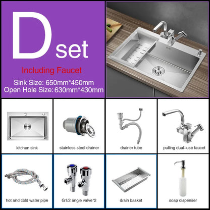 Kitchen sink lead-free handmade brushed 304 stainless steel 3mm thickness single bowl large size kitchen sink