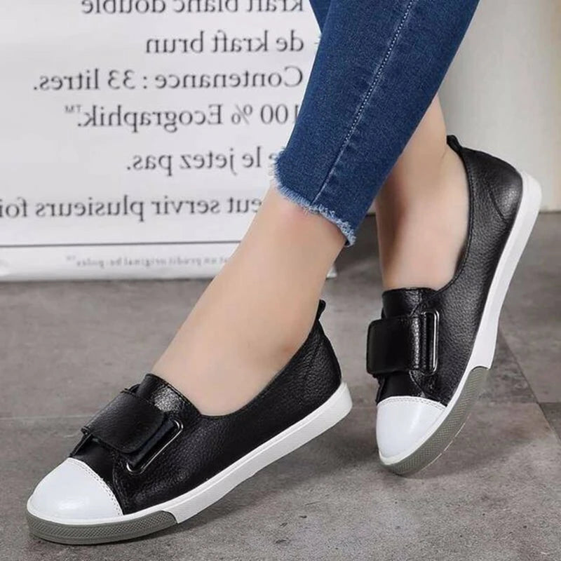 WOIZGIC Women Ladies Female Student Genuine Leather Casual Shoes White Flats Korean Vulcanized Shoes Spring 35-41 DF-YC259.