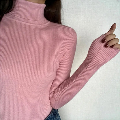 2025 herbst Winter Dicken Pullover Frauen Gestrickte Rippen Pullover Pullover Langarm Rollkragen Schlank Jumper Weiche Warme Pull Femme.