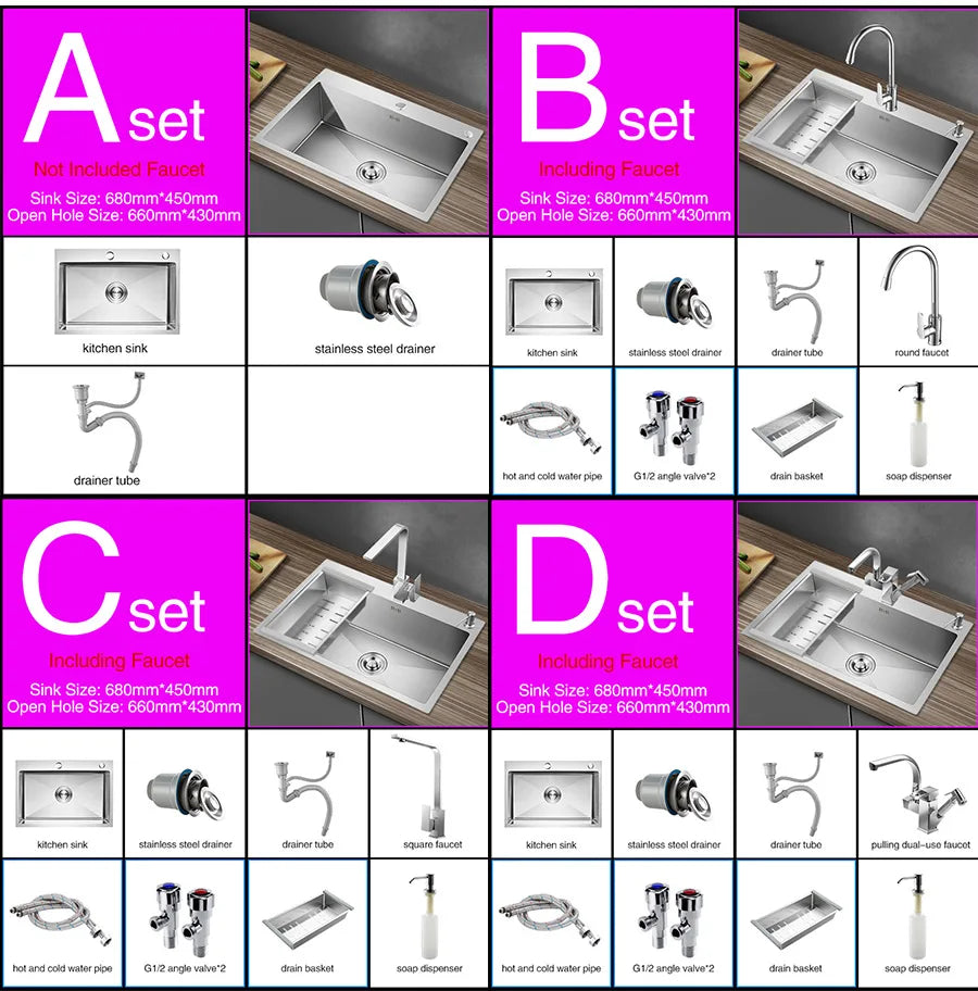 Kitchen sink lead-free handmade brushed 304 stainless steel 3mm thickness single bowl large size kitchen sink