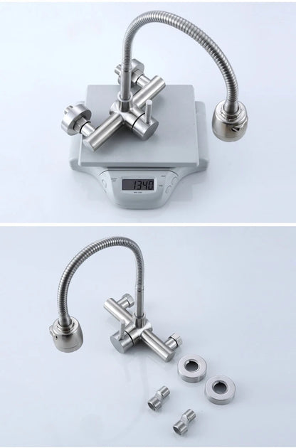 Stainless Steel Wall Mounted Kitchen Faucet Wall Kitchen Mixers Kitchen Sink Tap 360 Degree Swivel Flexible Hose Double Holes