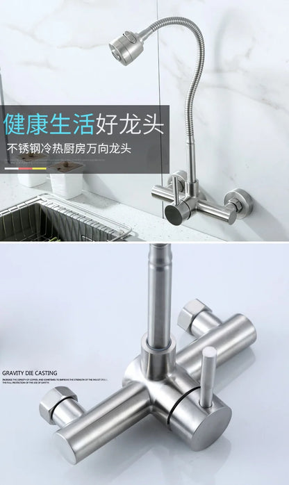 Stainless Steel Wall Mounted Kitchen Faucet Wall Kitchen Mixers Kitchen Sink Tap 360 Degree Swivel Flexible Hose Double Holes