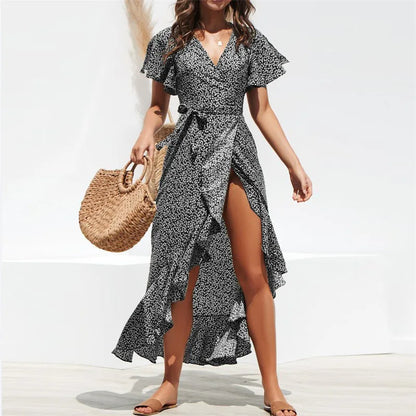 Sommer Strand Maxi Kleid Frauen Floral Print Boho Lange Chiffon Kleid Rüschen Wrap Casual V-ausschnitt Split Sexy Party Kleid Robe Femme.