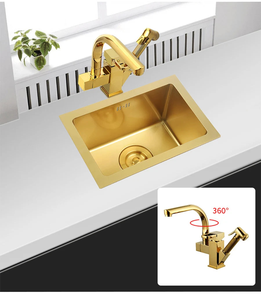 SUS 304 Stainless Steel Luxury Gold Nanometer Island Kitchen Sink Manual Single Bar Counter Mini Kitchen Sinks