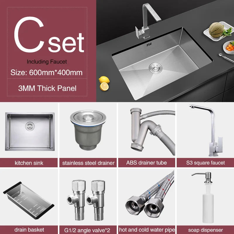 Large Size Single Kitchen Sink Handmade Brushed 304 Stainless Steel 3mm Thickness Single Bowl Bar Counter Kitchen Kinks