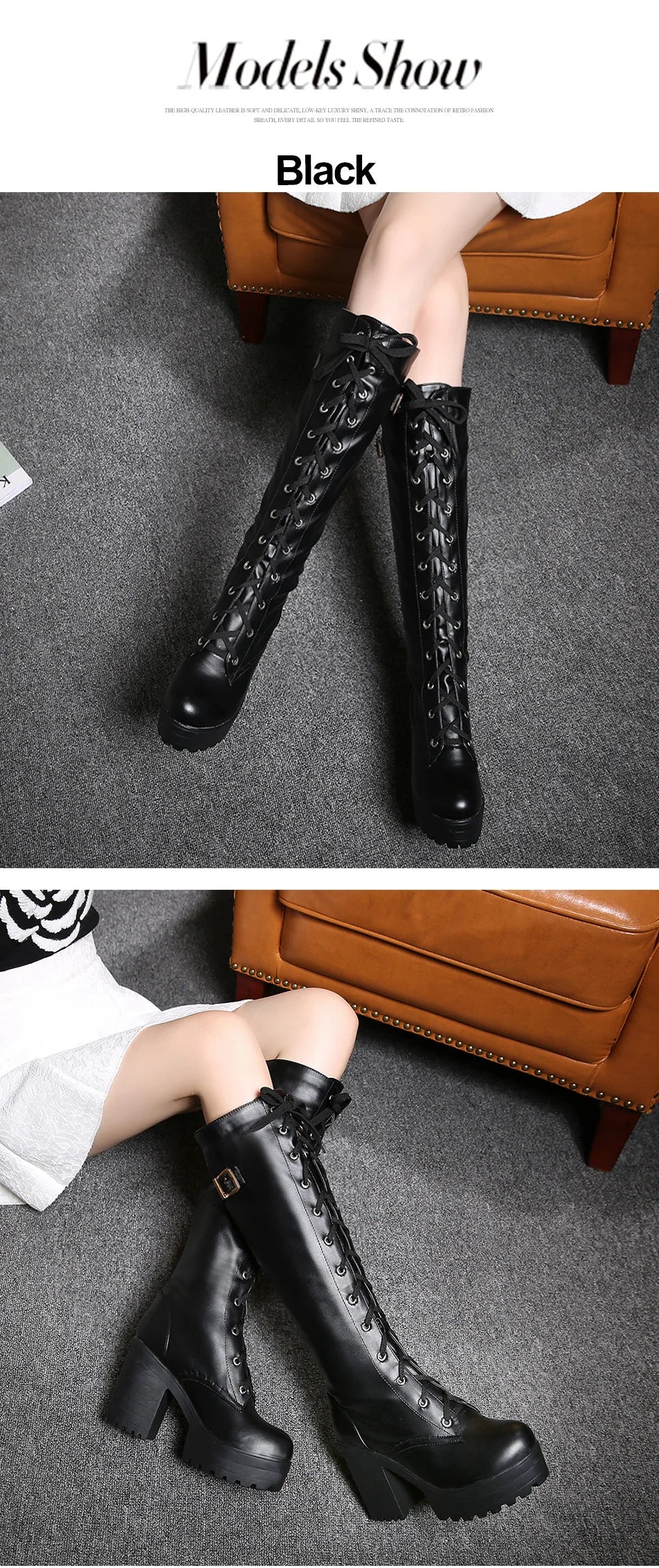 Gdgydh Hot Sale Spring Autumn Lacing Knee High Boots Women Fashion White Square Heel Woman Leather Shoes Winter PU Large Size 43.