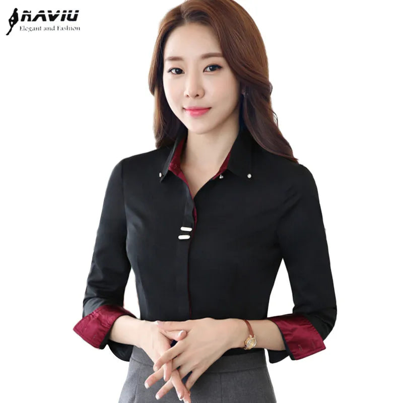 Fashion Clothes OL Women Long Sleeve Shirt Black White Slim Patchwork Sequined Cotton Blouse Office Ladies Formal Tops.