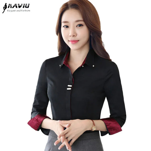 Fashion Clothes OL Women Long Sleeve Shirt Black White Slim Patchwork Sequined Cotton Blouse Office Ladies Formal Tops.