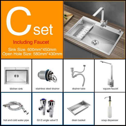 Kitchen sink lead-free handmade brushed 304 stainless steel 3mm thickness single bowl large size kitchen sink