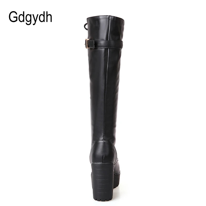 Gdgydh Hot Sale Spring Autumn Lacing Knee High Boots Women Fashion White Square Heel Woman Leather Shoes Winter PU Large Size 43.